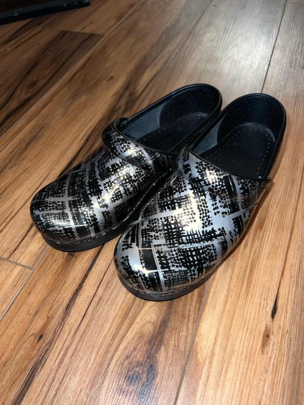 Black Patterned Dansko Slip-On Clogs